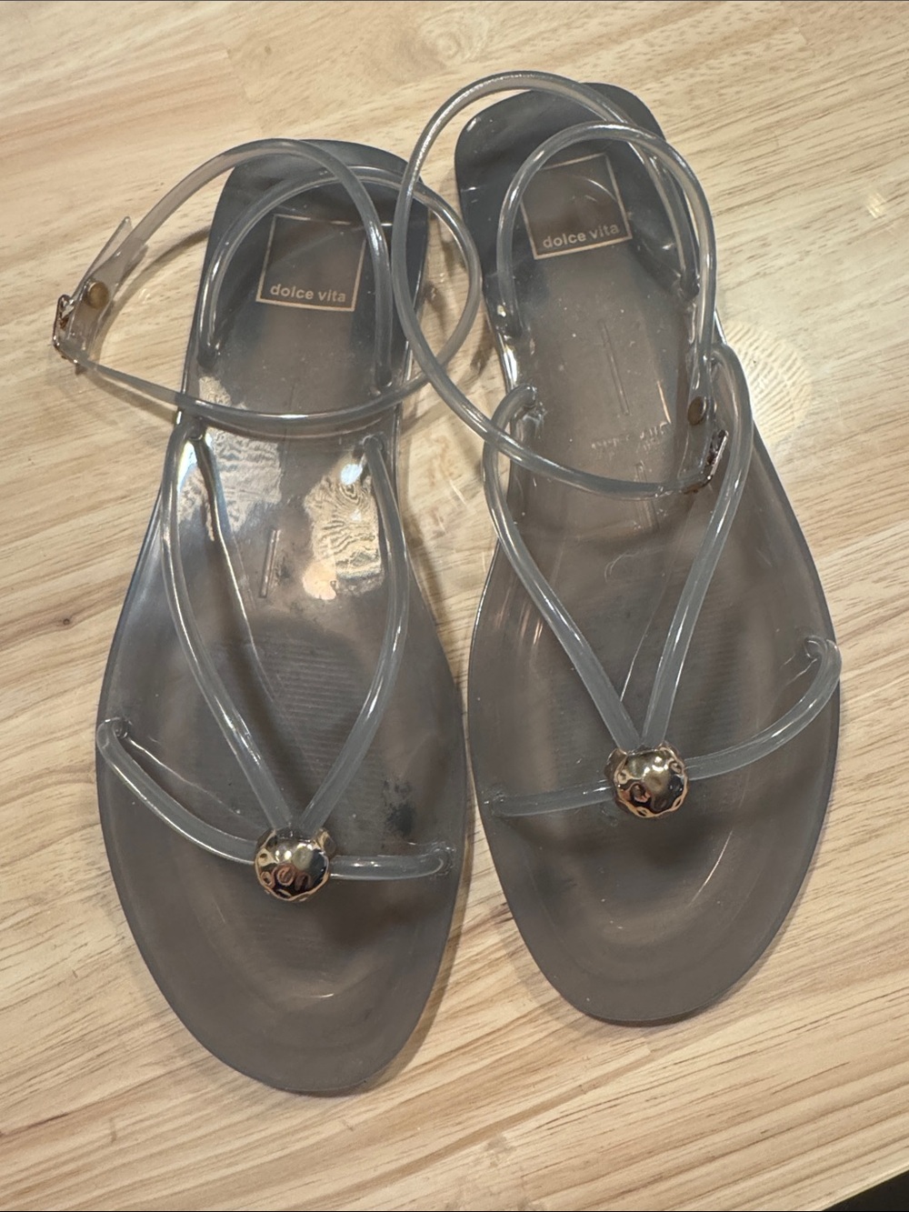 Dolce Vita Clear Gray Jelly Ankle-Strap Sandals with Gold Accent